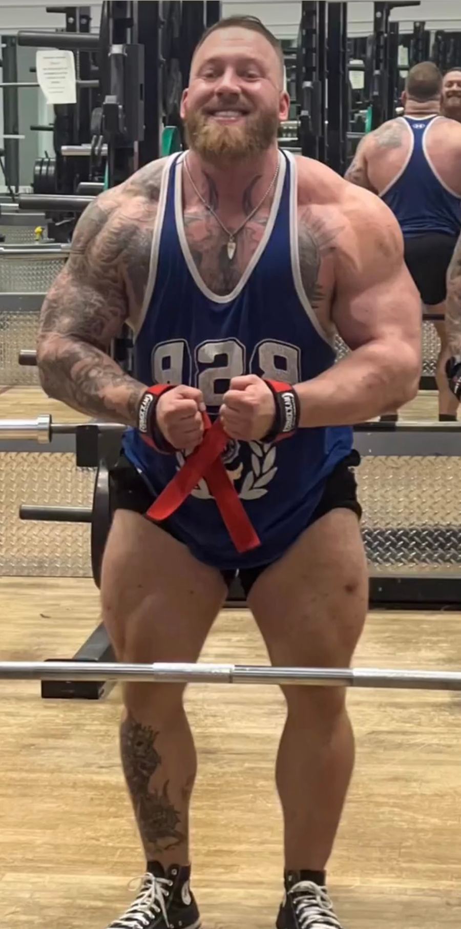 Colton Britzius at 260 lb in the off-season, holding a loaded barbell