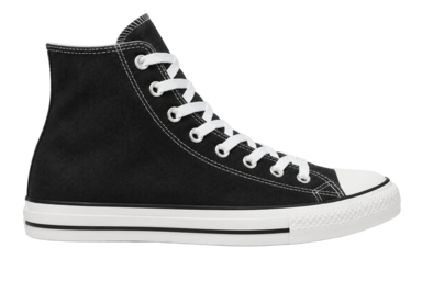 A black canvas high-top sneaker with a flat white rubber sole, seen from the side